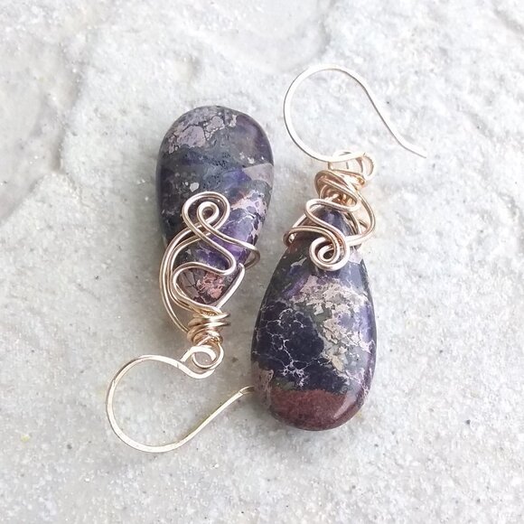 Wire Wrapped Beauties! Purple & Plum Sea Sediment Jasper Teardrop + Rose Gold - Picture 2 of 11